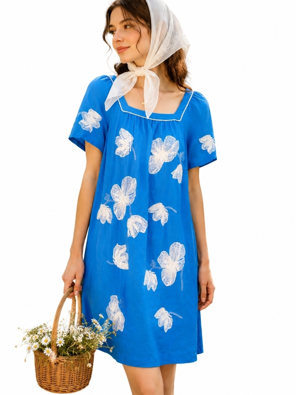 J. Crew Linen Blue Embroidered Floral Cottagecore Shift Dress Medium Coastal